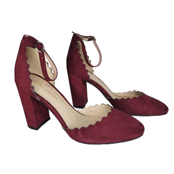 Marc Fisher Burgundy Scalloped Suede Ankle Strap Block Heels 6M - Picture 2 of 8